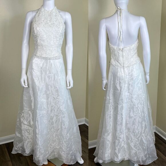 Vintage Jessica Mcclintock Bridal Women's Size 6 Ivory Floral Halter Maxi Dress - Picture 9 of 15